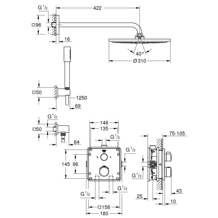 Sprchový set Grohe Tempesta 210, podomietkový, Batéria termostatická, chróm