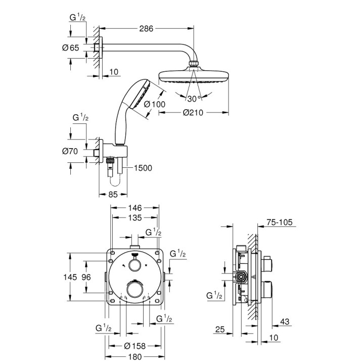 Sprchový set Grohe Tempesta 210, podomietkový, Batéria termostatická, chróm
