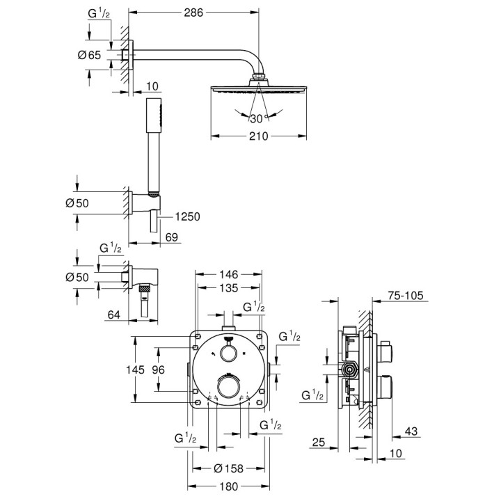Sprchový set Grohe Tempesta 210, podomietkový, Batéria termostatická, chróm