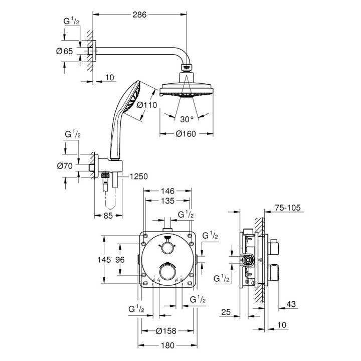 Sprchový set Grohe Tempesta 210, podomietkový, Batéria termostatická, chróm