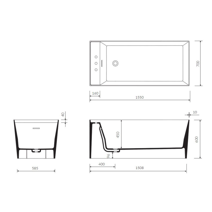 Vaňa voľne stojaca Marmorin Tantium 1550x700x600 mm z prepadom zintegrowanym biela