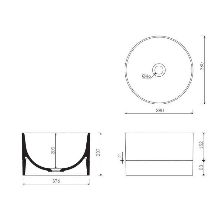 Zápustné umývadlo Marmorin Duo II 380x380x237 mm z čierne panelem bez otvoru pre batériu, bez prepadu biela