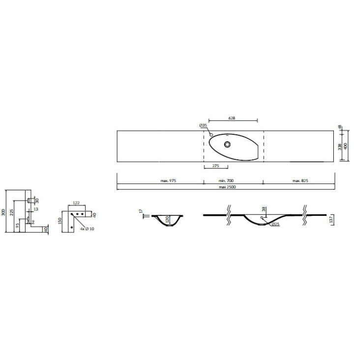 Umývadlo nábytkové/Závěsná/regulowana Marmorin Ugo 2500, pravé 700-2500x400x137 mm na mieru biela 
