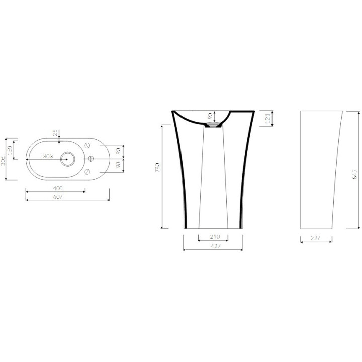 Umývadlo voľne stojaca Marmorin Wega 600 L 60x30 cm