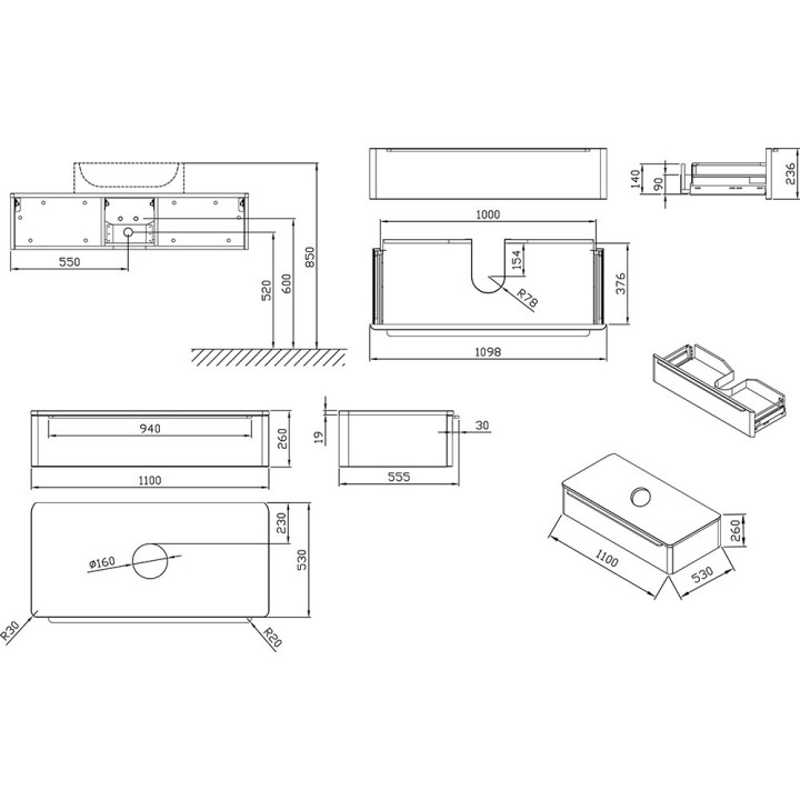 Skrinka pod umywalkę Ravak SUD 260.01, 1100x530mm, biela
