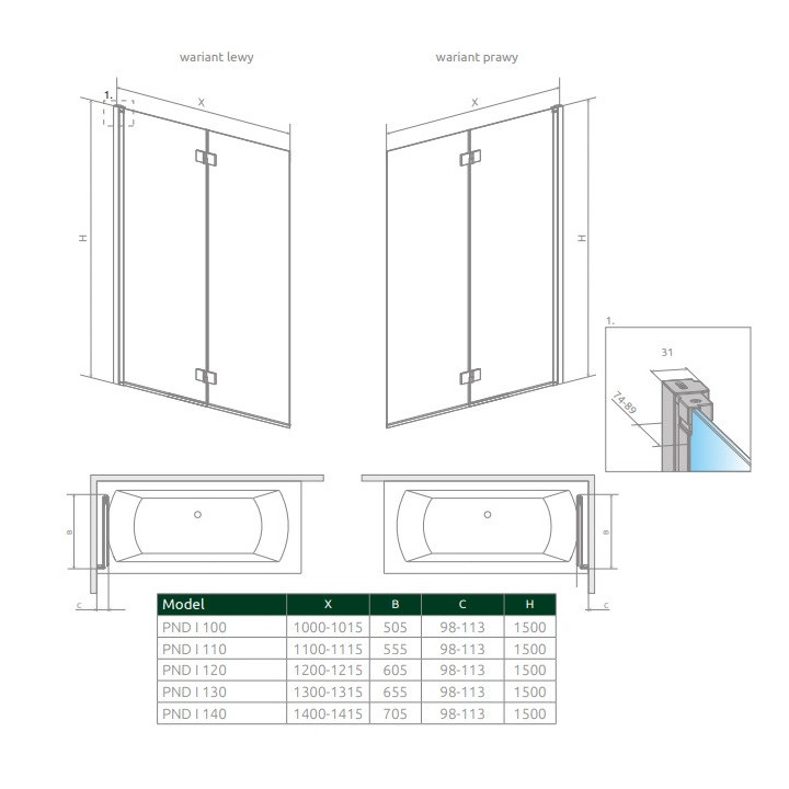 Vaňová zástena Radaway Nes 8 Black PNJ I, pravé, sklo číre, 60x150cm, čierna profil