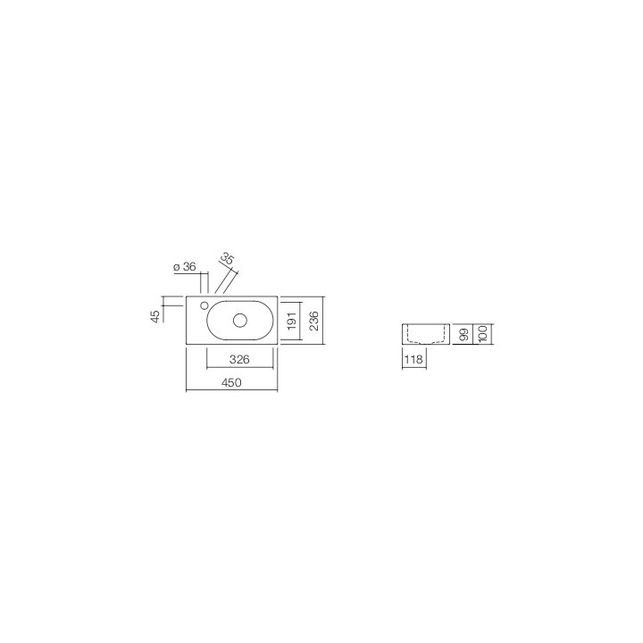 Umývadlo závesné Alape Fusion.S XXS-Series, obdĺžniková, 450x236mm, bez prepadu, otvor na batériu s pravé, WT.XXS450H.L, biela