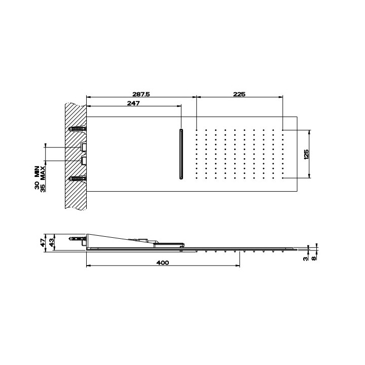 Horná sprcha Gessi Quadro 200, montáž do stieny, 3mm grubości, mirror steel