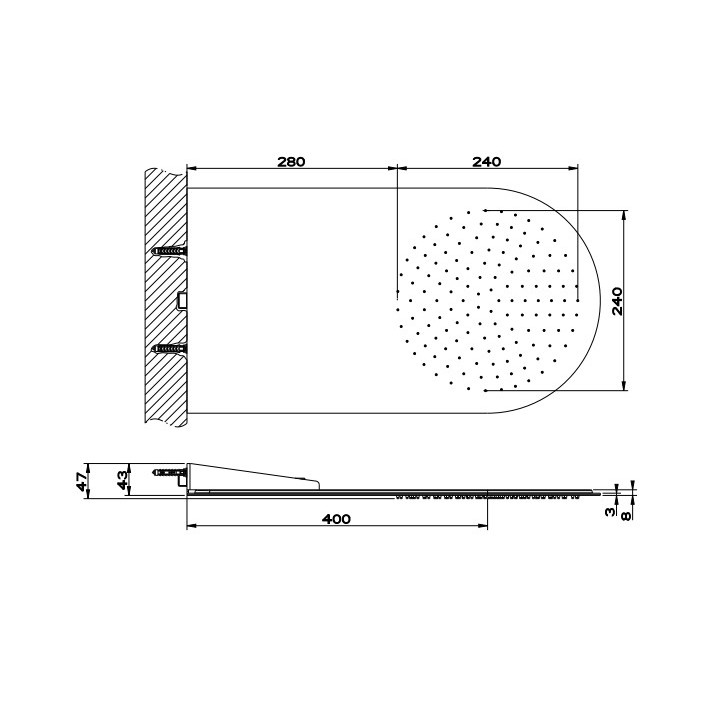 Horná sprcha Gessi Quadro 200, montáž do stieny, 3mm grubości, mirror steel