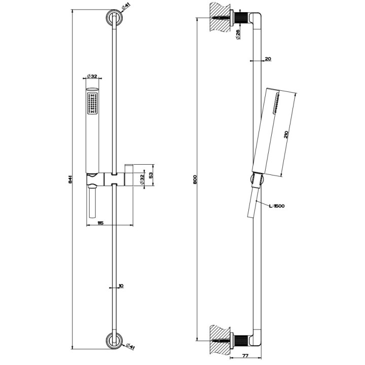Sprchový set Gessi Inciso, držák 80cm z regulovateľný držiakom, sluchátko 1-funkčná, hadica 150cm, chróm