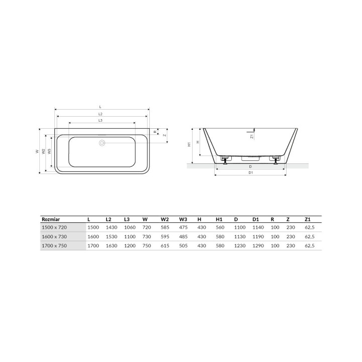 Vaňa voľne stojaca prístenná Excellent Lila 2.0, 170x75cm, akrylová, z prepadom, biela
