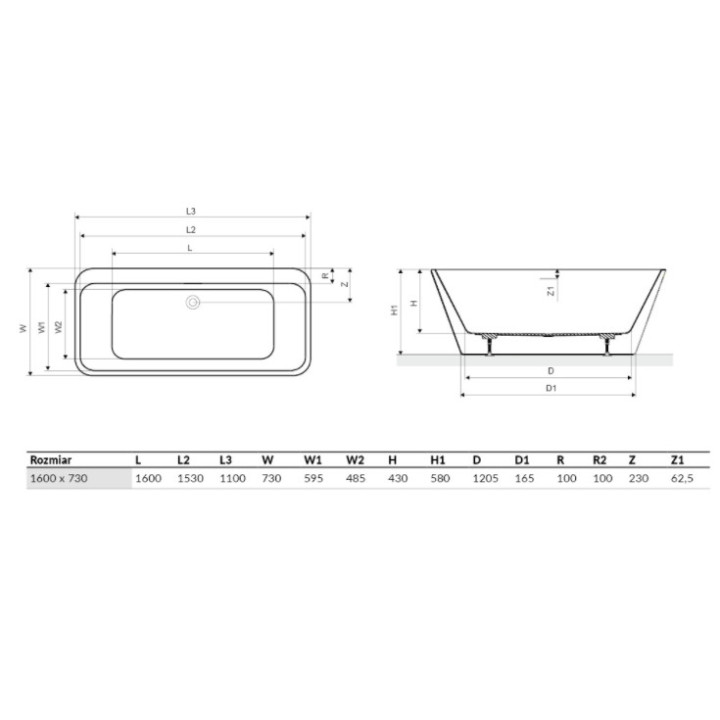 Vaňa voľne stojaca prístenná Excellent Lila 2.0, 150x72cm, akrylová, z prepadom, biela
