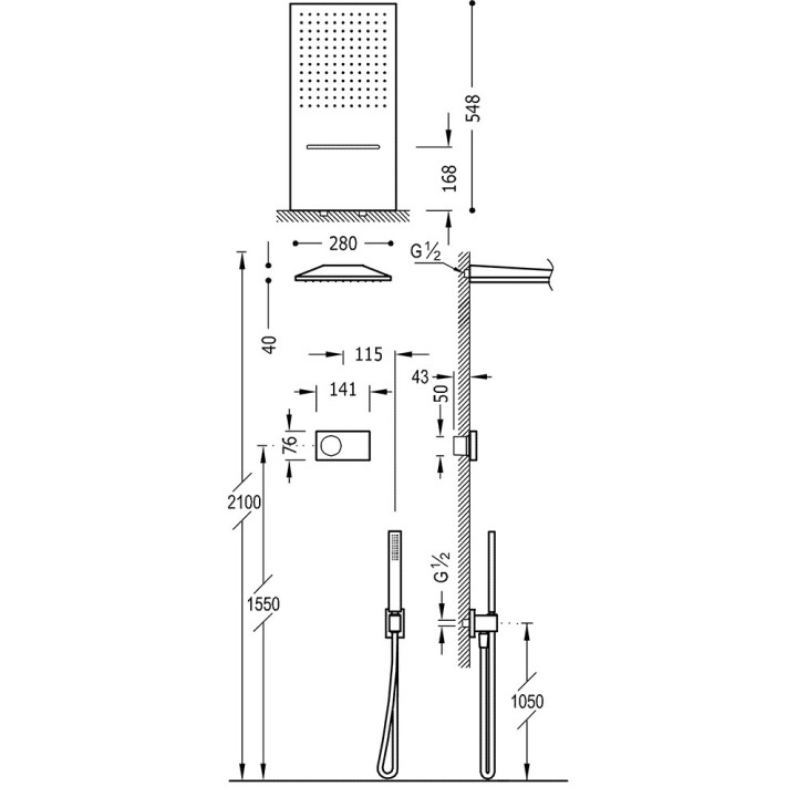 Elektroniczny Sprchový set Tres Shower Technology, podomietkový, s termostatom, Horná sprcha 300mm, čierna matnéný 