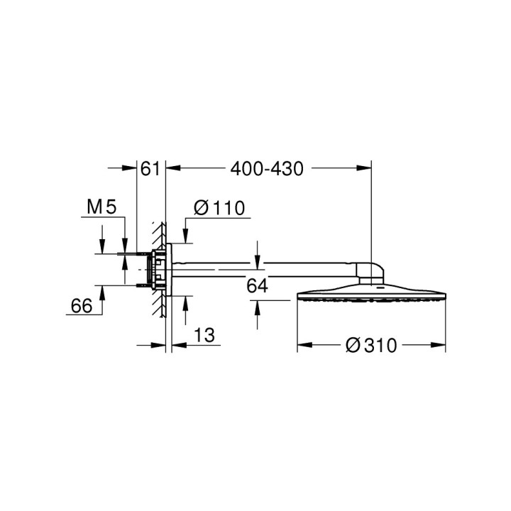 Horná sprcha Grohe Rainshower 310, rameno nástenné 430mm, polished nickel