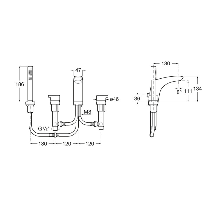 Batéria vaňová-sprchová 4-otvorová Roca Insignia, výtokové rameno 223mm, so sprchovým systemom, chróm