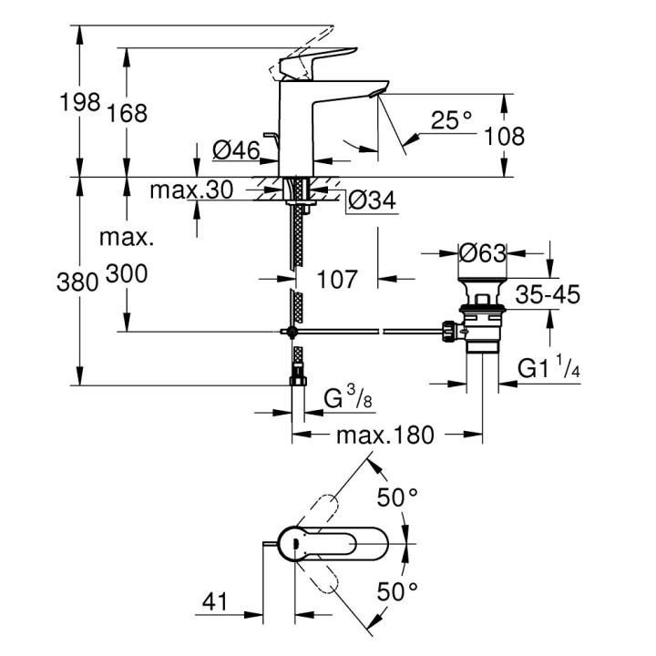 Umyvadlová batéria Grohe BauEdge, na postavení, výška 168mm, zátka automatický, chróm
