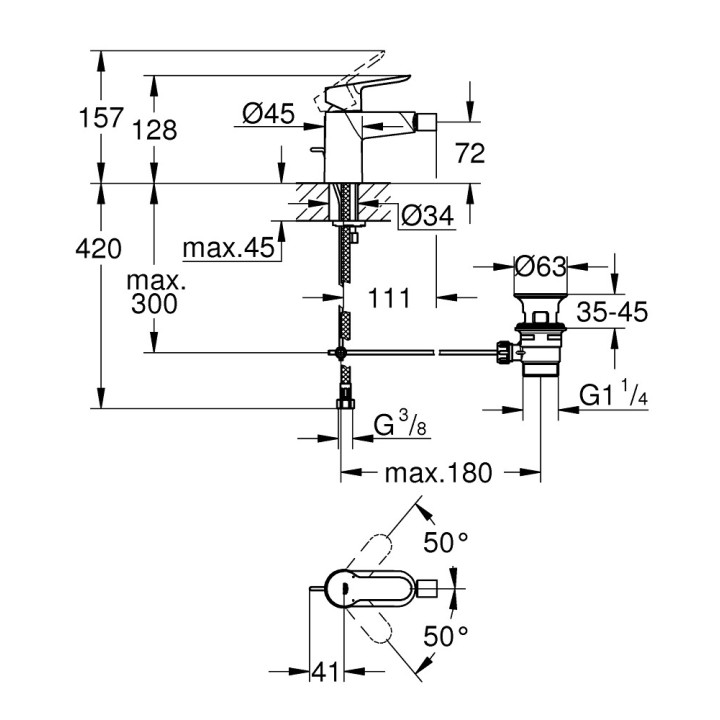 Umyvadlová batéria Grohe BauEdge, na postavení, výška 168mm, zátka automatický, chróm