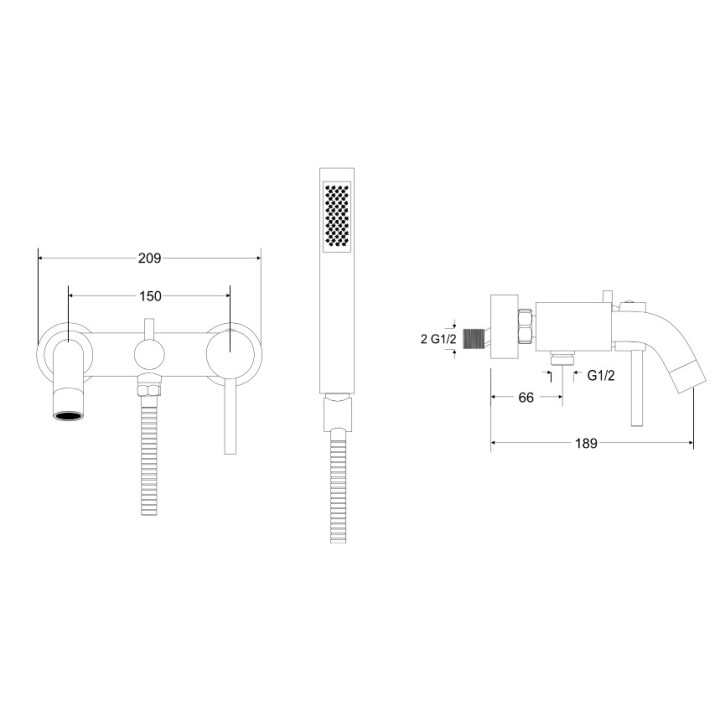 Vaňová  Batéria Besco Decco, na stěnu, výtokové rameno 182mm, Sprchový set, chróm
