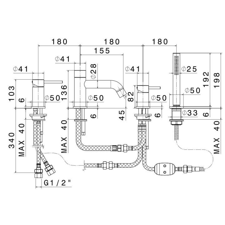 Vaňová  Batéria Vema Maira, na stěnu, výtokové rameno 204mm, so sprchovým systemom, chróm