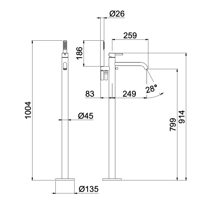 Vaňová batéria  4-otvorová Vema Maira, na postavení, výtokové rameno 155mm, so sprchovým systemom, chróm