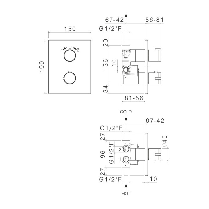 Batéria natryskowo-vaňová Vema Maira, termostatická, 2 výstupy vody, objímku 170mm, chróm