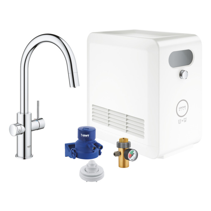 Súprava Grohe Blue Professional, jednostka chłodząca s batériou v tvare C, do vody gazowanej, obracana výtokové rameno, chróm 
