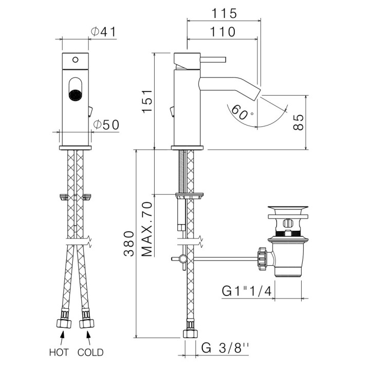 Umyvadlová batéria Vema Tiber Steel, na postavení, výška 321mm, výtokové rameno 190mm, zátka klik-klak, nerez inox