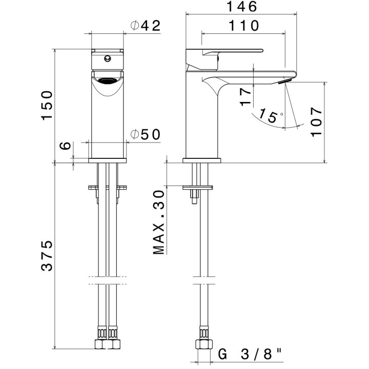 Umyvadlová batéria Vema Tiber Steel, na postavení, výška 166mm, výtokové rameno 145mm, bez zátky, nerez inox
