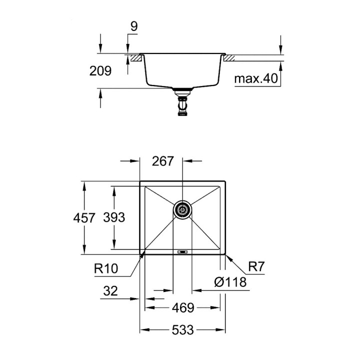 Drez podblatowy Grohe K700, kompozytowy, 533x457mm, čierna granit