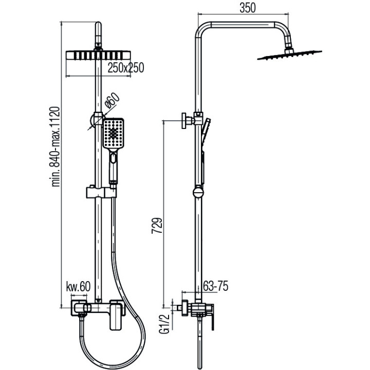 Sprchový set s batériou Valvex Loft, na stěnu, štvorcová Horná sprcha 250mm, sluchátko 3-funkčná, chróm