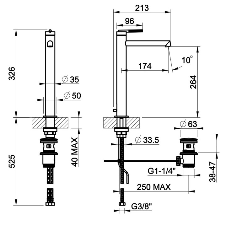 Umyvadlová batéria Gessi Ingranaggio, na postavení, výška 326mm, výtokové rameno 128mm, zátka automatický, chróm