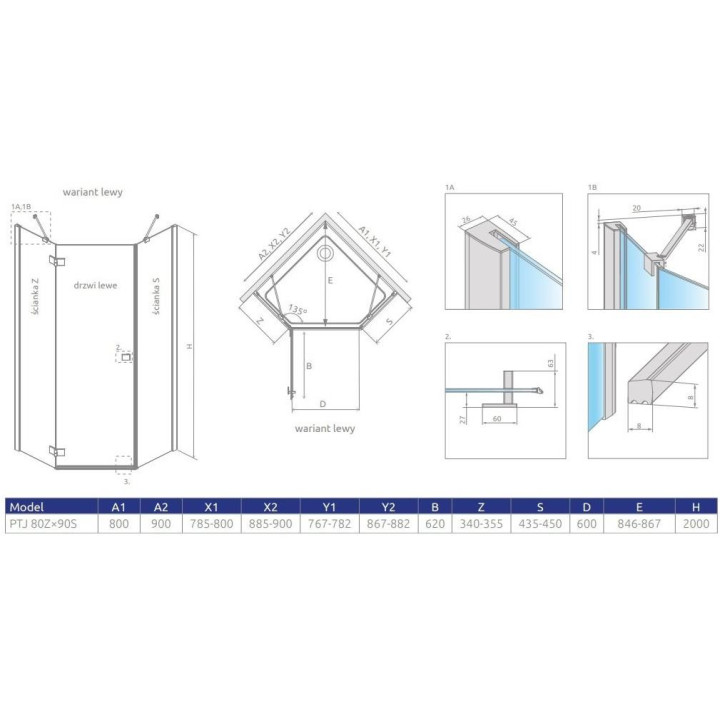 Sprchový kút asymetrická Radaway Nes PTD 80x90, sklo číre, 800x900 mm, profil chróm