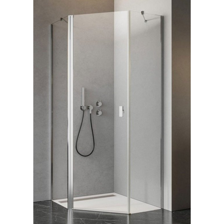 Sprchový kút asymetrická Radaway Essenza New PTJ 80x90, sklo číre, 800x900 mm, dverí ľavé, profil chróm
