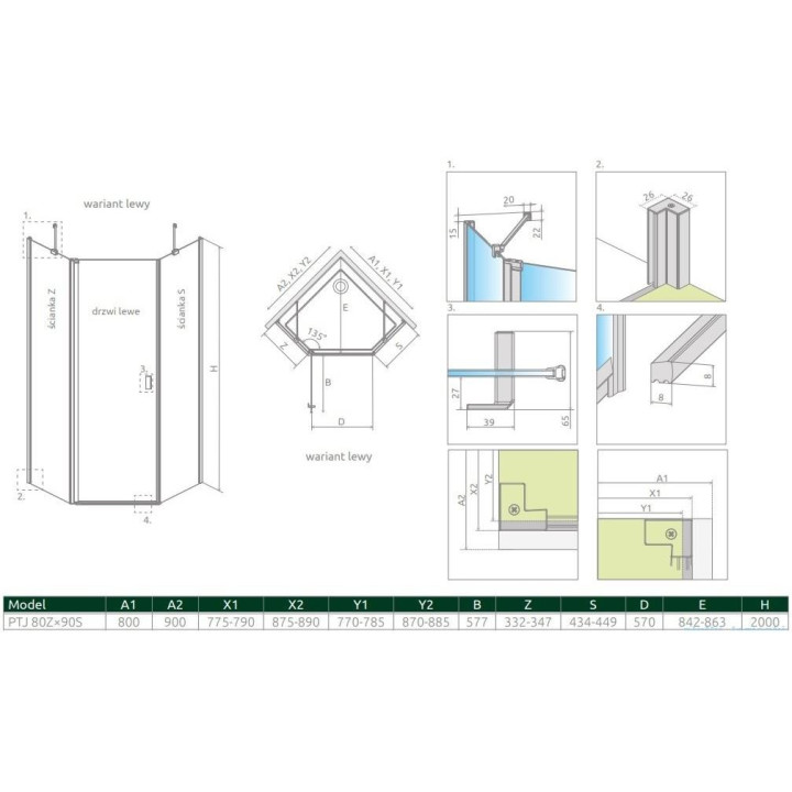 Sprchový kút asymetrická Radaway Essenza New PTJ 80x90, sklo číre, 800x900 mm, dverí ľavé, profil chróm
