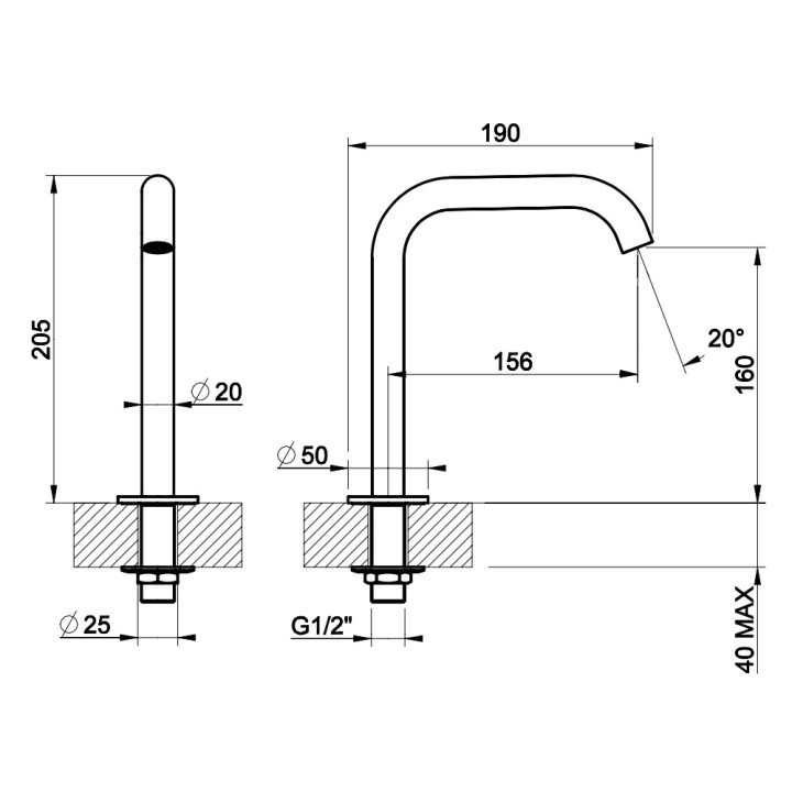 Výtokové rameno umyvadlová Gessi Flessa, na postavení, výška 205mm, rozsah 156mm, brúsená oceľ