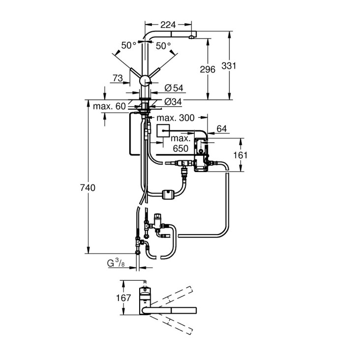 Elektronické drezová batéria Grohe Minta Touch, páková, výsuvná sprcha, nerez