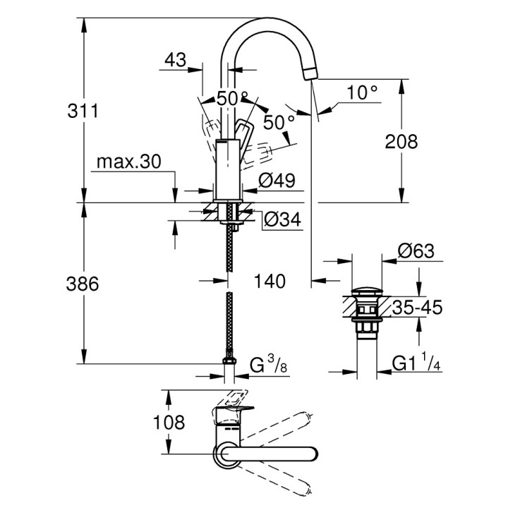Umyvadlová batéria Grohe BauLoop, na postavení, výška 311mm, DN 15, Veľkosť L, obracana výtokové rameno, zátka automatický, chró
