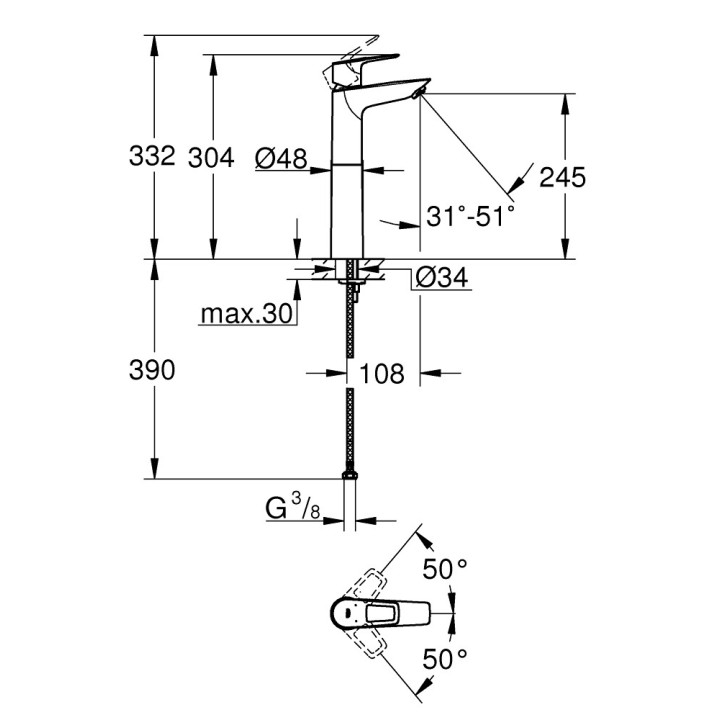 Umyvadlová batéria Grohe BauLoop, na postavení, výška 164mm, DN 15, Veľkosť M, zátka automatický, chróm