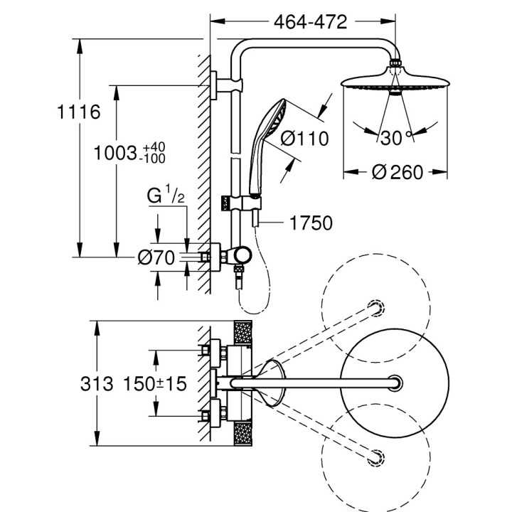 Sprchový set Grohe Euphoria System 260, na stěnu, Batéria termostatická, 2 výstupy vody, chróm