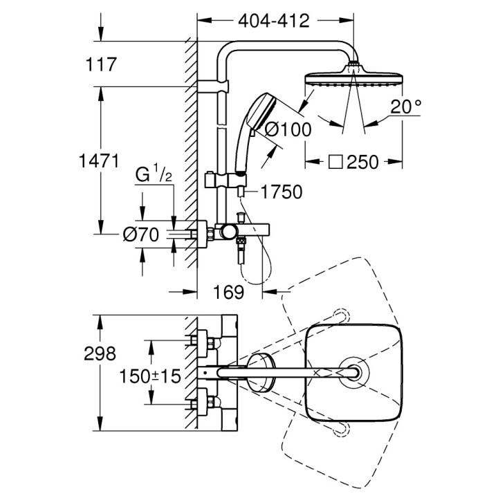 System vaňovásprchový Grohe Tempesta System 250, na stěnu, Batéria termostatická, 3 výstupy vody, chróm