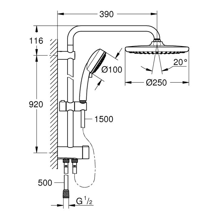 Sprchový set Grohe Tempesta Cosmopolitan System 250, na stěnu, Batéria páková, 3 výstupy vody, chróm
