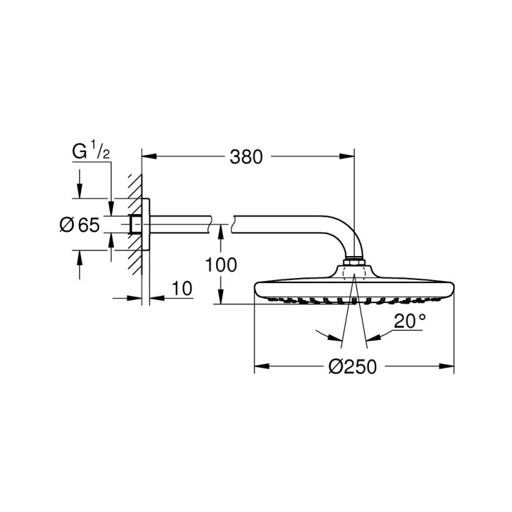 Horná sprcha Grohe Tempesta 250, okrúhla, 1 strumień, rameno nástenné 380mm, chróm