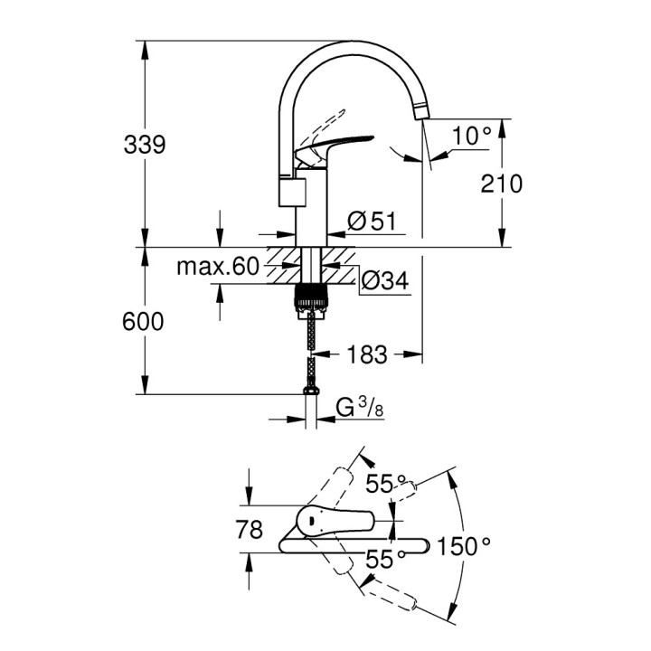 Drezová batéria Grohe Eurosmart, výška 180mm, DN 15, obracana výtokové rameno 227mm, chróm