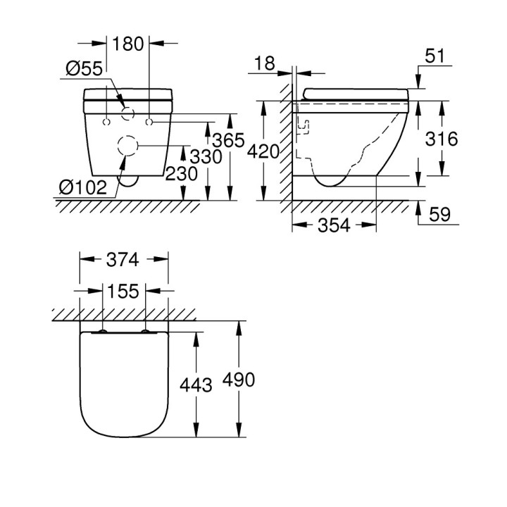 Závesné wc Grohe Euro Ceramic, 49x37cm, bezkołnierzowa, alpská bielaa