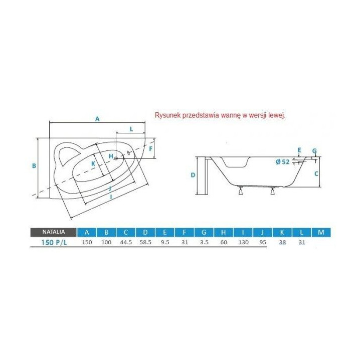 Vaňa asymetrická pravé Besco Natalia 150x100cm biela- sanitbuy.pl
