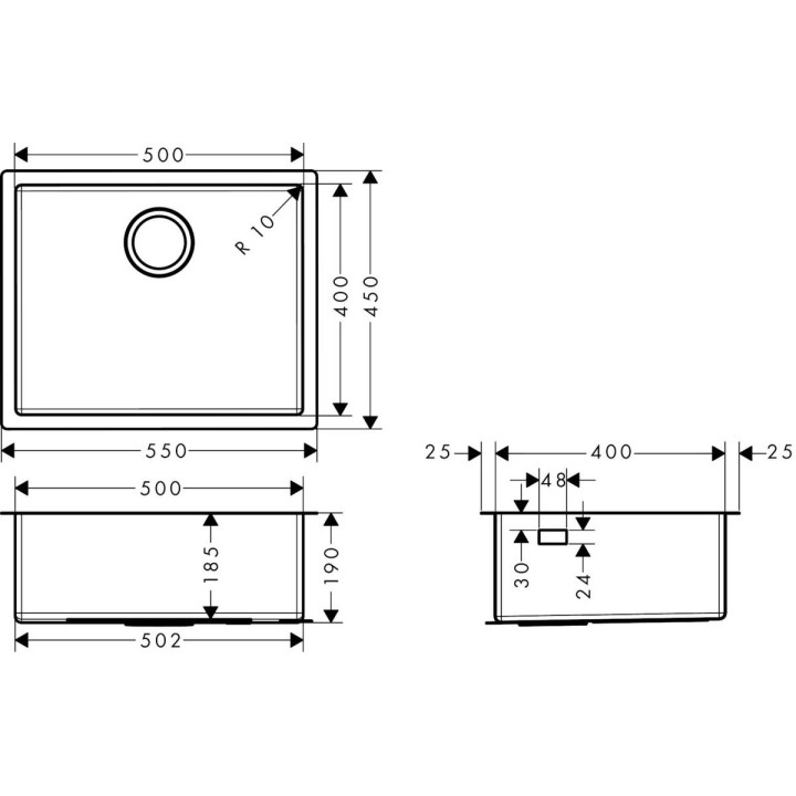 Drez Hansgrohe S71 S719-U500, 498x398mm, brúsená oceľ