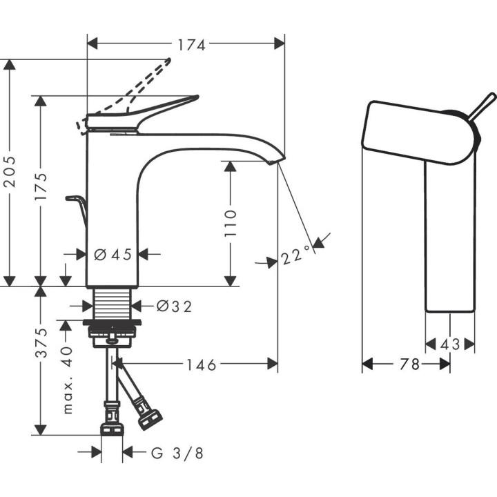 Umyvadlová batéria Hansgrohe Vivenis, na postavení, páková, výška 168mm, bez odtokového kompletu, chróm