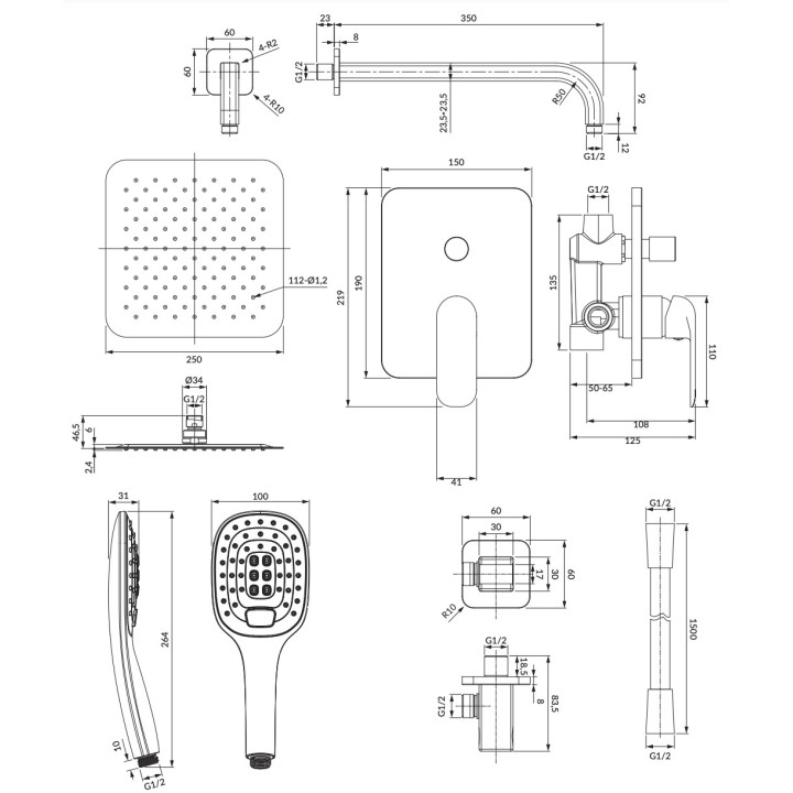 Sprchový set Omnires Sacramento, na stěnu, 2 výstupy vody, Horná sprcha 25x25cm, sluchátko 3-funkčná, chróm