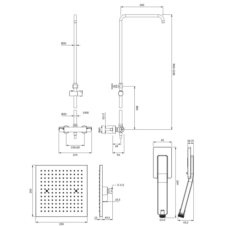 S termostatom Sprchový set Omnires Y, na stěnu, 2 výstupy vody, Horná sprcha okrúhla 25cm, sluchátko 3-funkčná, chróm