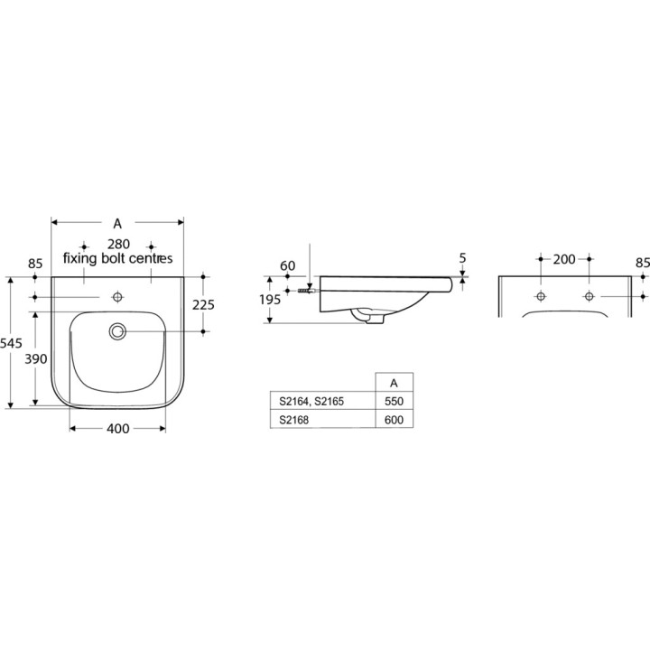 Umývadlo závesné pre postihnuté osoby Ideal Standard Contour 21, 55x54,5cm, z prepadom, otvor na batériu, biely